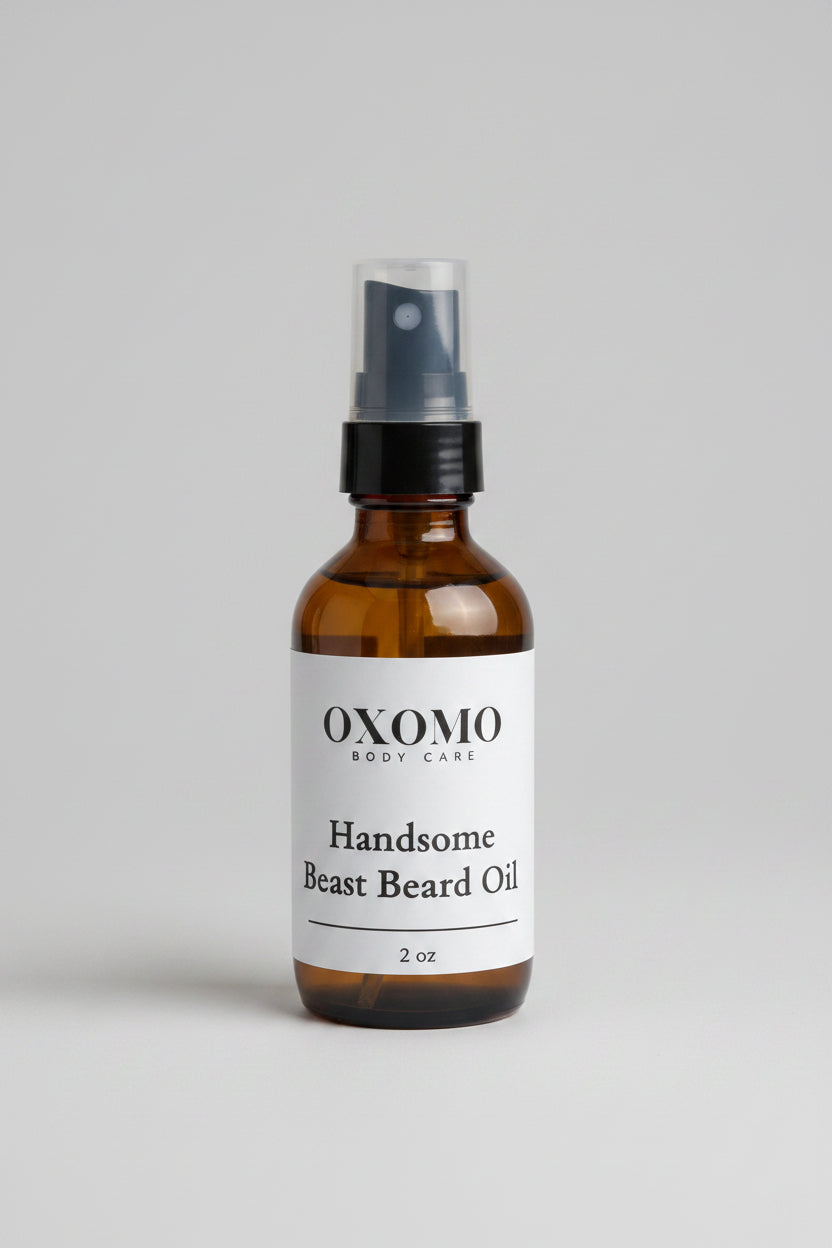 Bottles of OXOMO beard oil on a wooden table with a plant in the background.